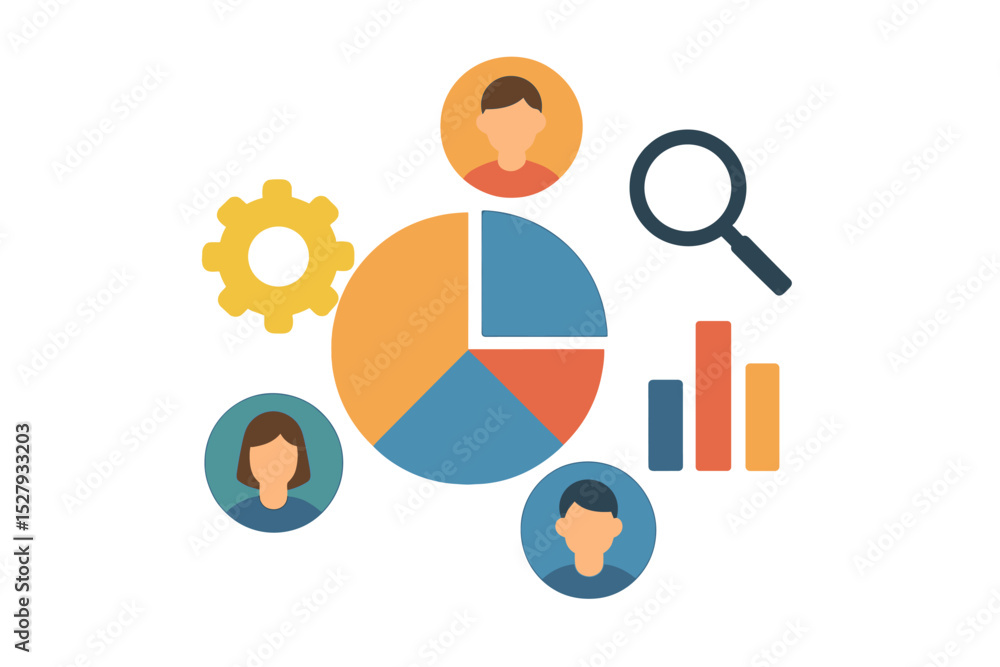 Aufkleber data analysis and teamwork vector icon illustrating strategy, search, and statistical charting for p
