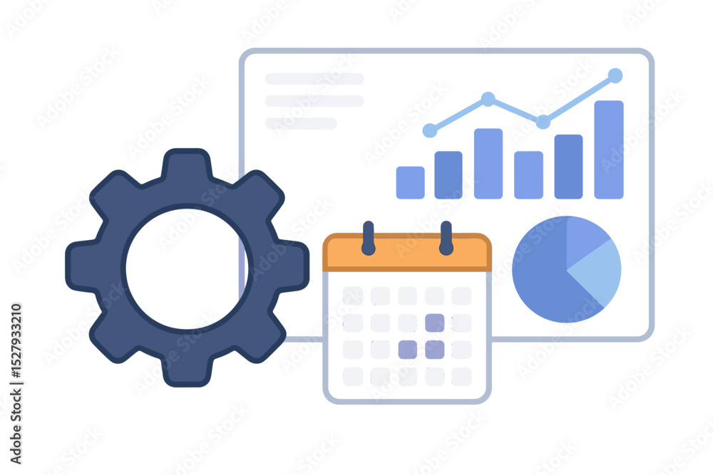 Poster gear, calendar, and graph representing planning and scheduling, showing progress and forecasting tre