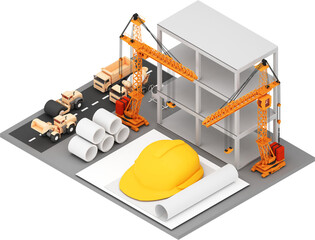 Construction crane utilization, the erection of tall structures, and the loading and unloading of building supplies. ,High-rise building construction engineering ,3d rendering