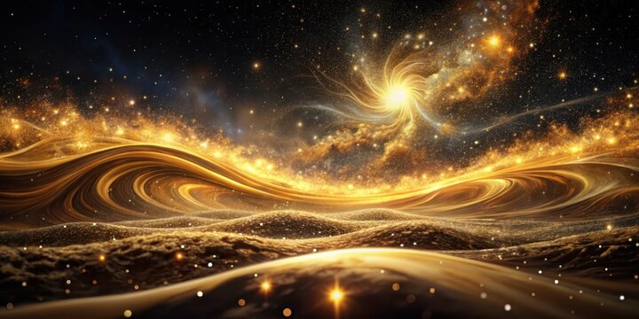 Dark mysterious abstract space filled with swirling golden wave patterns and twinkling sparkles in a cosmic night sky setting