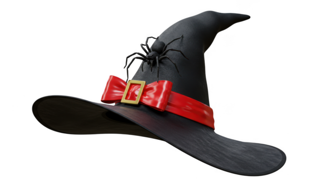 Pointed witch hat with spider and red ribbon isolated on transparent background