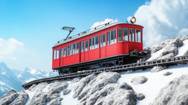 Picturesque red cogwheel train ascending snowy mountain peak in the Swiss Alps