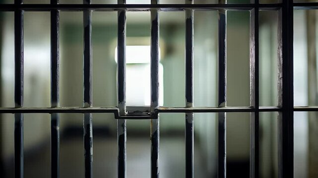 Dark Grey Prison Bars Obscure Hallway with Blurred Out White Walls and Open Doors Allowing Bright Light In