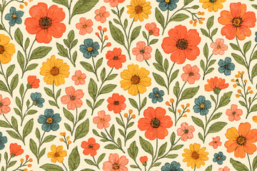Colorful flower pattern repeat design with orange, yellow, blue, pink flowers and green leaves
