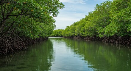 Scenic view of a tranquil river flowing through a lush green mangrove forest.