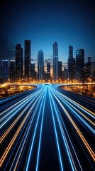 Fototapeta premium city skyline with futuristic neon light trails viewed from a rooftop helipad at night