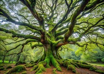 Ancient tree with gnarled trunk and branches twisted by time and nature