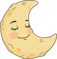 Cute Cartoon Crescent Moon Clipart – Sleeping Moon Illustration for Kids, Night, Nursery, and Bedtime Designs

