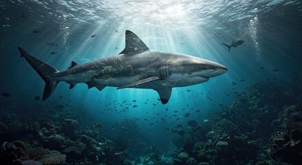 Fototapeta premium Great White Shark Swimming Over a Coral Reef with Sun Rays and Fish in Deep Blue Ocean