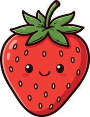 Obraz premium Cartoon Strawberry Clipart – Cute Red Berry Fruit Illustration with Green Leaves for Kids, Food, and Summer Designs