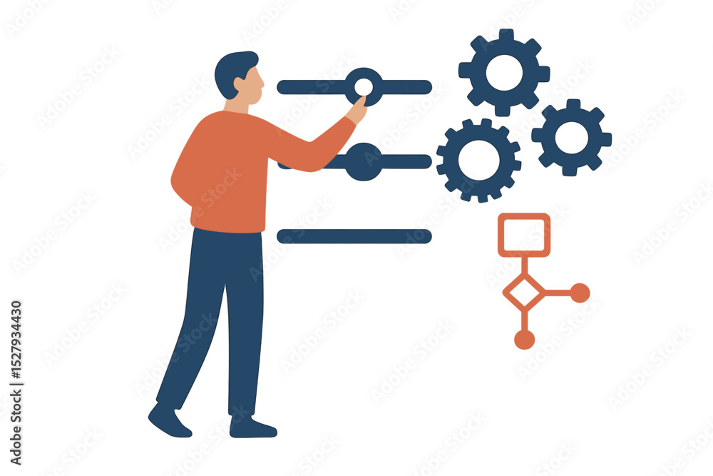 Poster person adjusting settings or options with gears and flowchart on isolated background