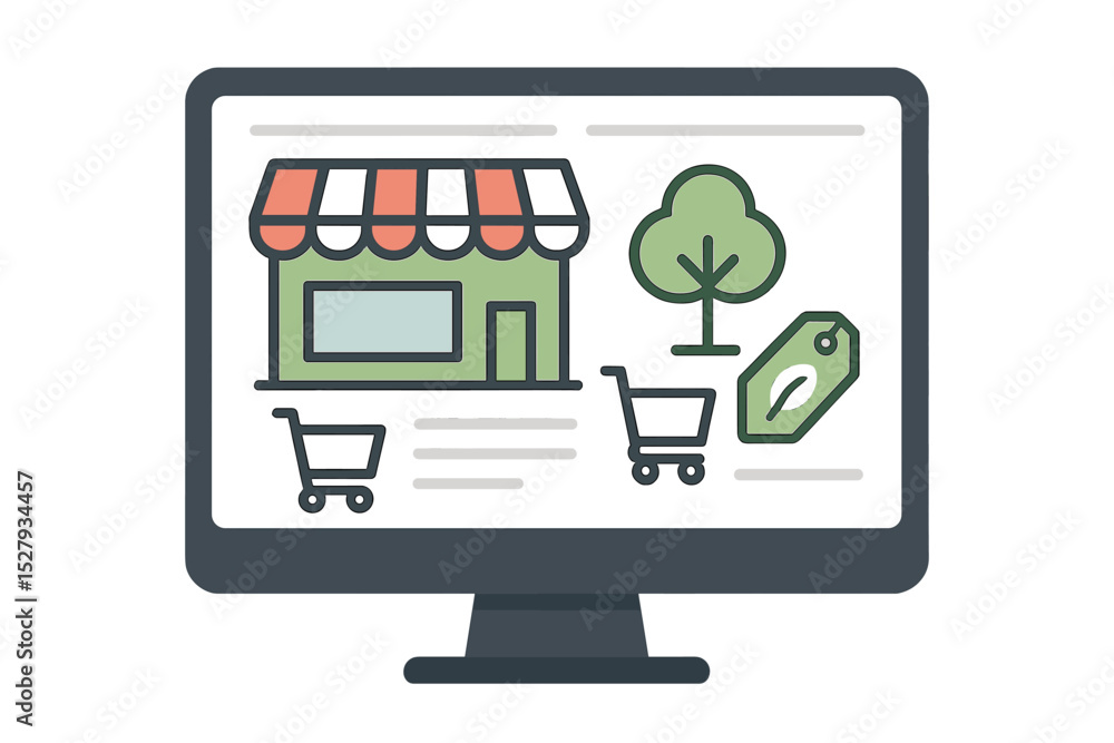 Poster online eco friendly store vector icon on computer screen displaying local business and sustainable s