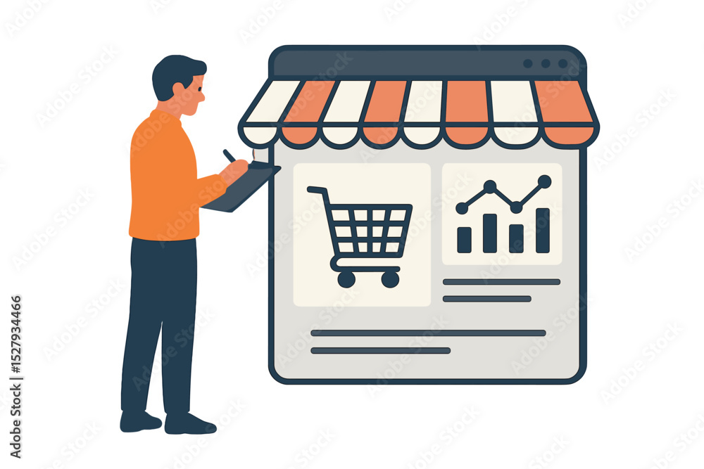 Poster man inspecting a virtual store front, checking sales performance and products for sale online