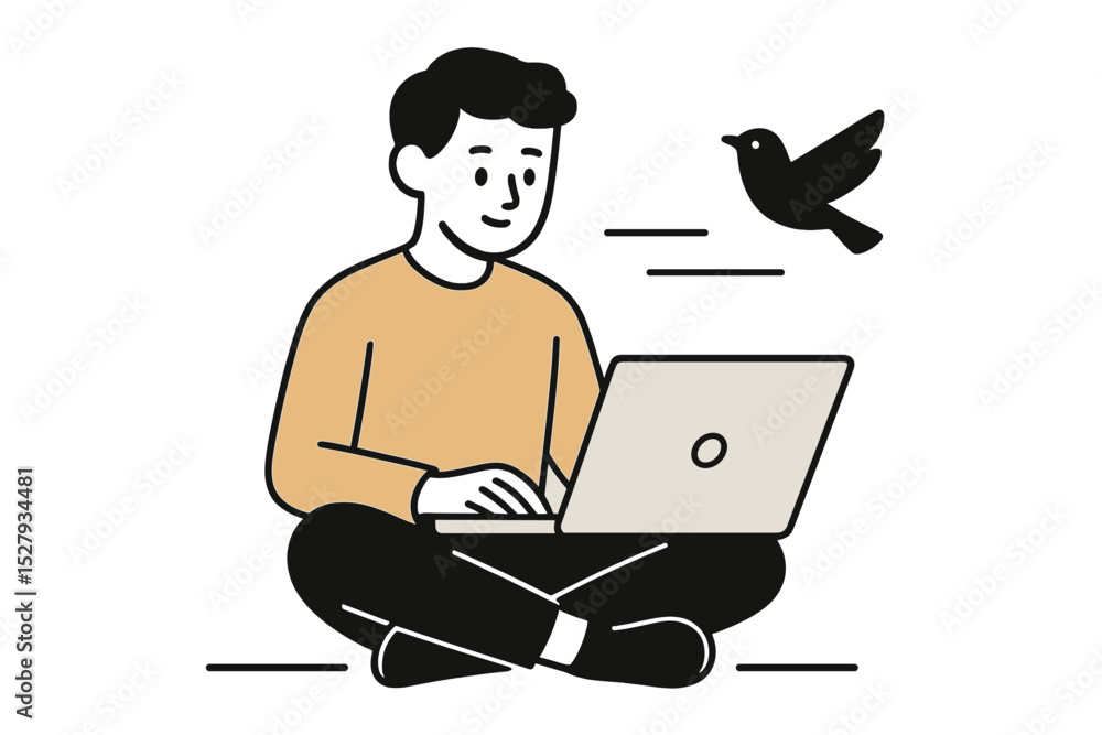 Poster man sits cross-legged using laptop while bird flies by isolated on white background