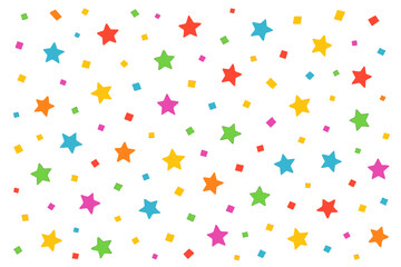 Colorful stars and squares confetti falling on a white background cartoon vector illustration