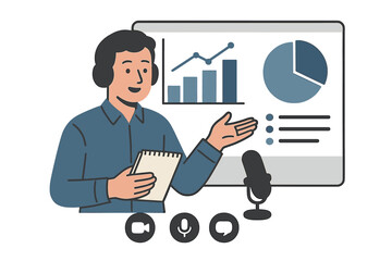 Business presentation in virtual meeting with graphs and microphone on display