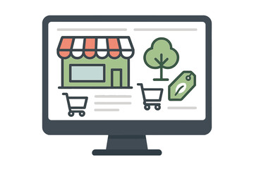 Online eco friendly store vector icon on computer screen displaying local business and sustainable shopping with shopping carts