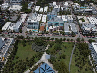 A stunning drone view of Miami Beach South Pointe showcasing the beach, park, and iconic skyline buildings.