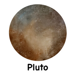Beautiful Pluto planet of the space solar system isolated on white background. Watercolor digital illustration. Cute for the kids design, decoration of clothes, room, interior, textile