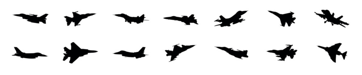 Fighter jet vector silhouettes different angles, silhouettes of fighter planes. Fighter jet silhouettes, Vector illustration
