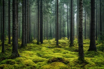 Obraz premium Tranquil Forest: Lush Green Moss and Tall Trees in a Serene Woodland.