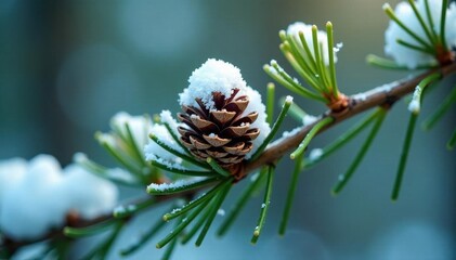 Fresh pine branch, small snow-covered cone, crisp detail , still life, landscape