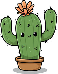 Cute Cartoon Cactus in Pot Clipart – Smiling Green Cactus with Flowers Illustration for Kids, Plants, and Decor

