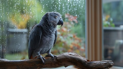 Timneh African Grey by a Rain-Streaked Window.Dark plumage and a maroon tail glow softly in a peaceful home.