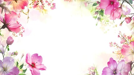 Fototapeta premium Grassy border with flowers, floral background, white space at the top of the frame, transparent PNG background, PNG file, pink, purple, green, yellow.