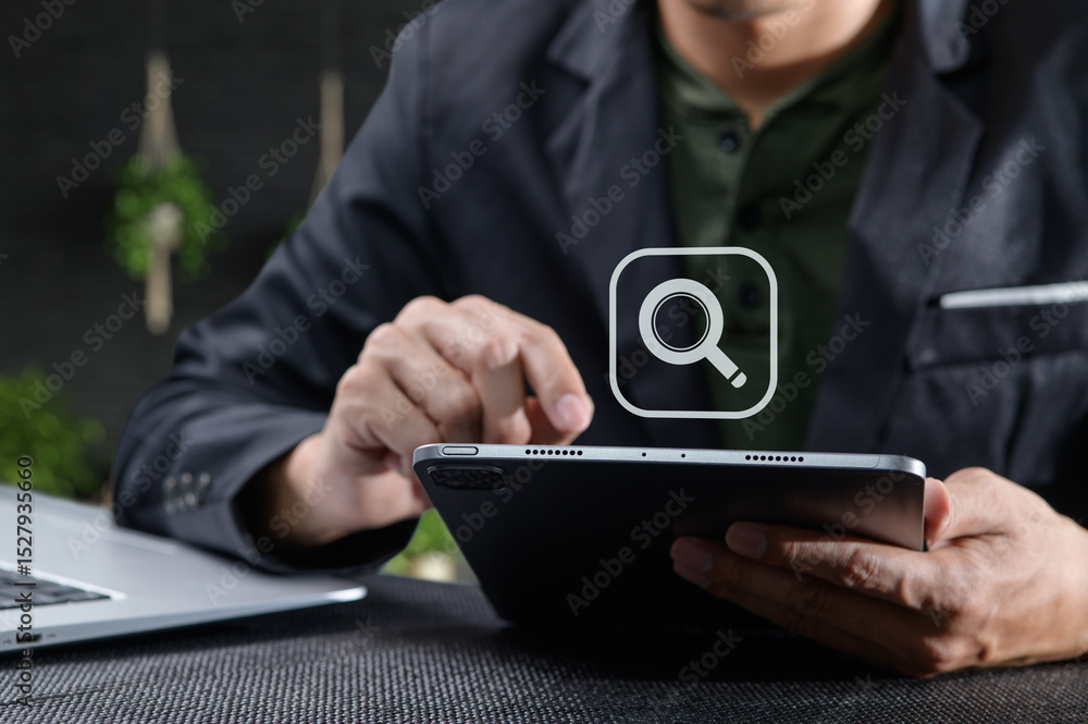 Poster man using tablet with search icon for information online