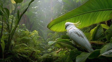 White Cockatoo Under Jungle Rain, Feathers fluffed and crest spread, it shelters gracefully beneath banana leaves during a downpour.