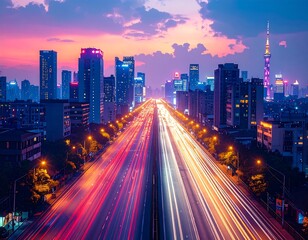 Fototapeta premium City highway at twilight, vibrant light trails