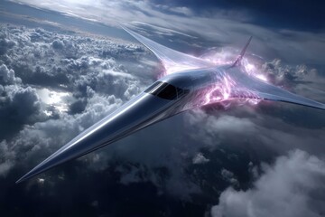 Futuristic aircraft soaring through clouds with a striking glow at dusk over the ocean