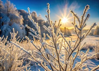 Obraz premium frozen twigs in hoarfrost glisten in the sun winter landscape with sun flare
