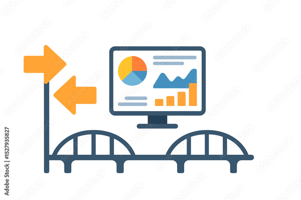 Poster bridge connecting data flow and information analysis on computer screen illustration