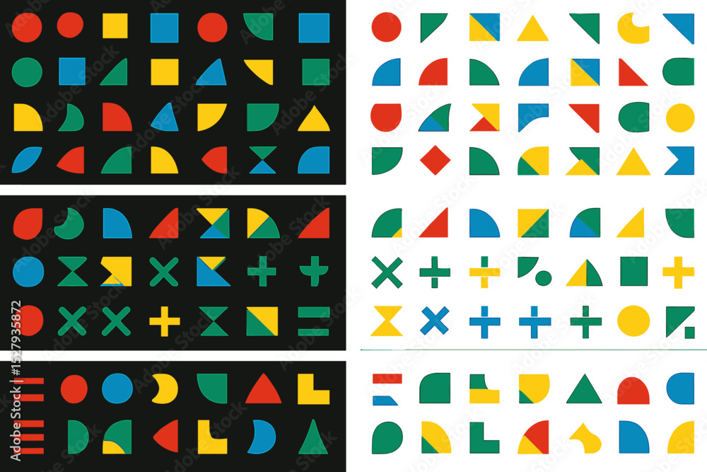 Poster geometric shapes, icons, and symbols arranged in patterns using primary colors on contrasting backgr