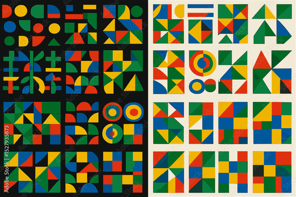 Poster geometric arrangement featuring colorful shapes and patterns in a structured composition of squares 