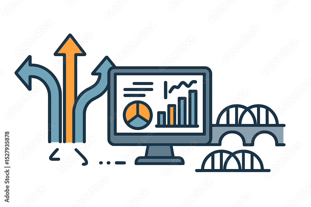 Poster business strategy showing arrows, computer graphs, and bridges in a vector design