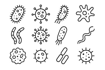 Collection of cartoon microorganisms in simple vector outline illustration style isolated on white background
