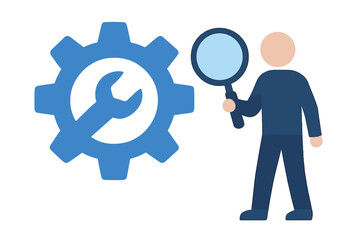 Man with magnifying glass inspecting blue gear and wrench isolated on white