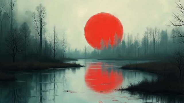 Serene landscape with a vibrant red sun reflecting on a still, dark waterway surrounded by silhouetted trees. Atmospheric and minimalist