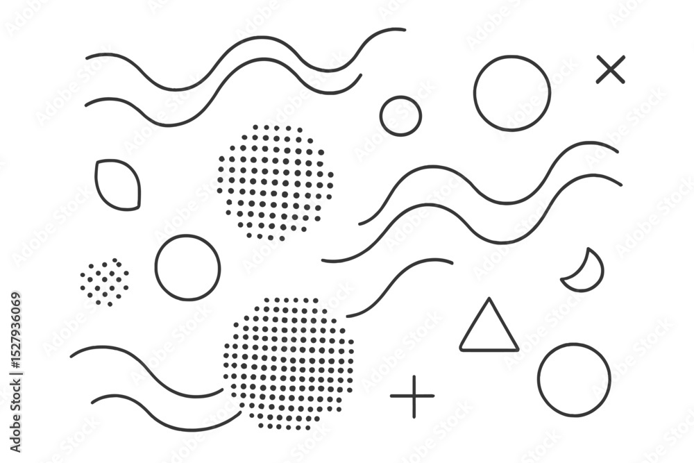 Poster trendy geometric pattern with abstract shapes such as circles, waves, and dot clusters in black and 