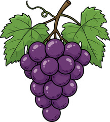 Fototapeta premium Cartoon Purple Grapes Clipart – Fresh Grape Bunch Illustration with Green Leaves for Kids, Fruit, and Healthy Snack Designs