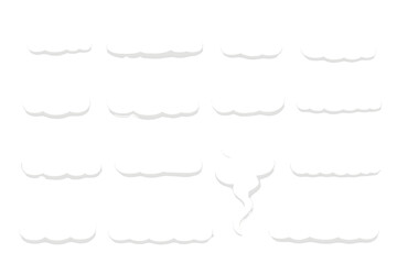 Cartoon vector illustration featuring a collection of twelve isolated white cloud icons with soft shadows on a white background