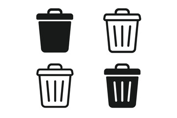 Four different styles of vector trashcan icons illustrating waste disposal and environmental themes
