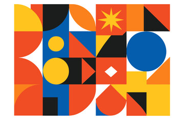Colorful abstract geometric composition with squares, circles, triangles, and star shapes