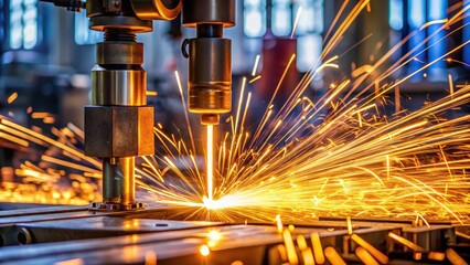 Orange welding sparks flying out of a metal nozzle in a workshop with industrial equipment and machinery moving rapidly