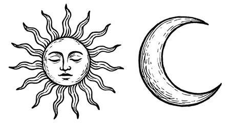 PNG Illustration of a sun with a face and a crescent moon element set on transparent background.