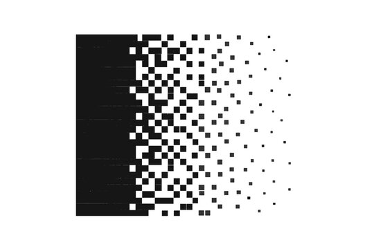 Black rectangular shape dissolving into scattered pixels on a white background depicting disintegration