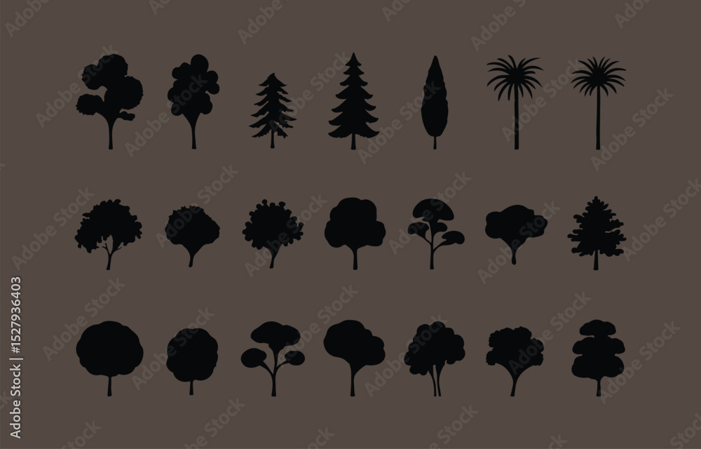 Poster silhouettes of various tree types in black against a dark brown background including coniferous deci